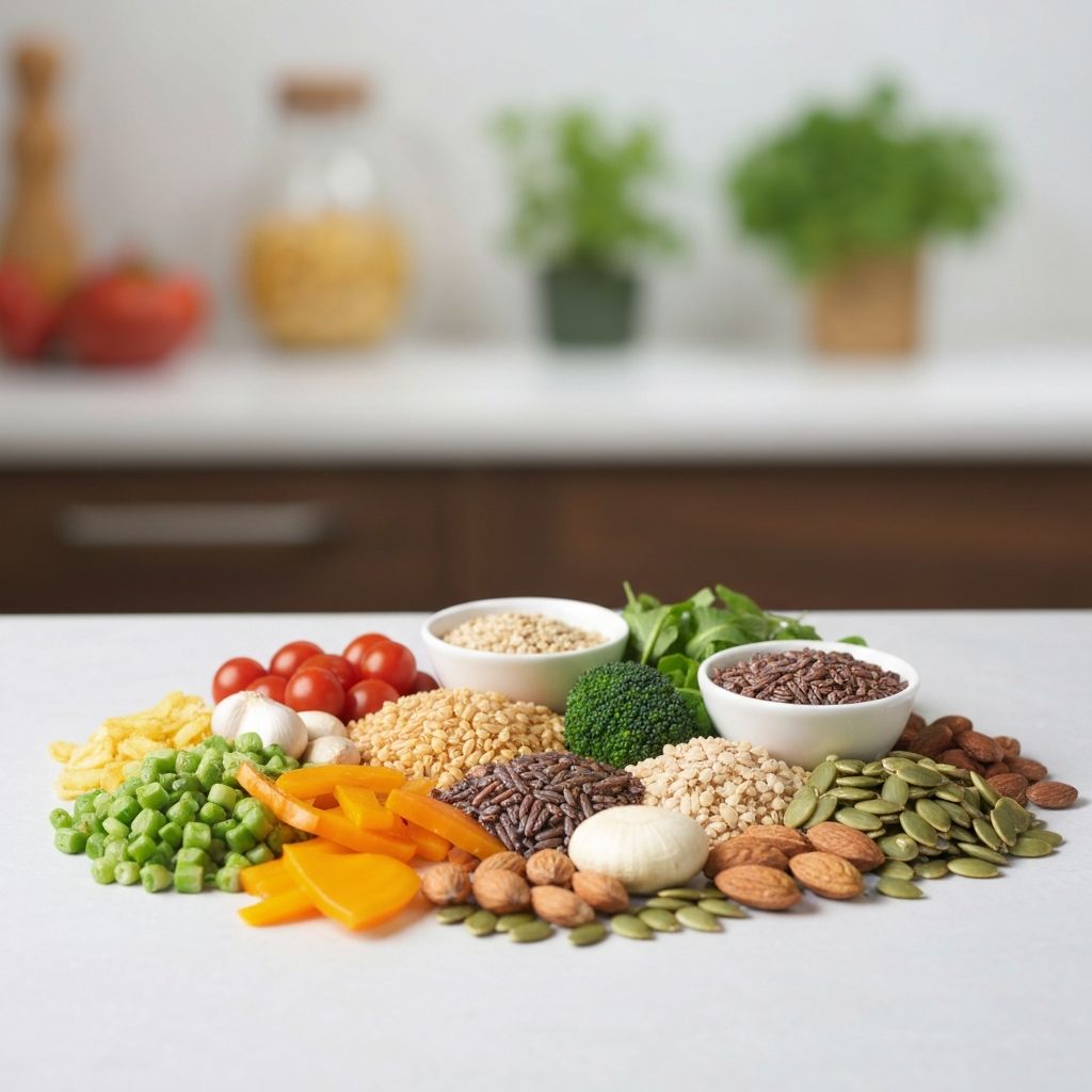 Balanced meal with vegetables, grains, and proteins